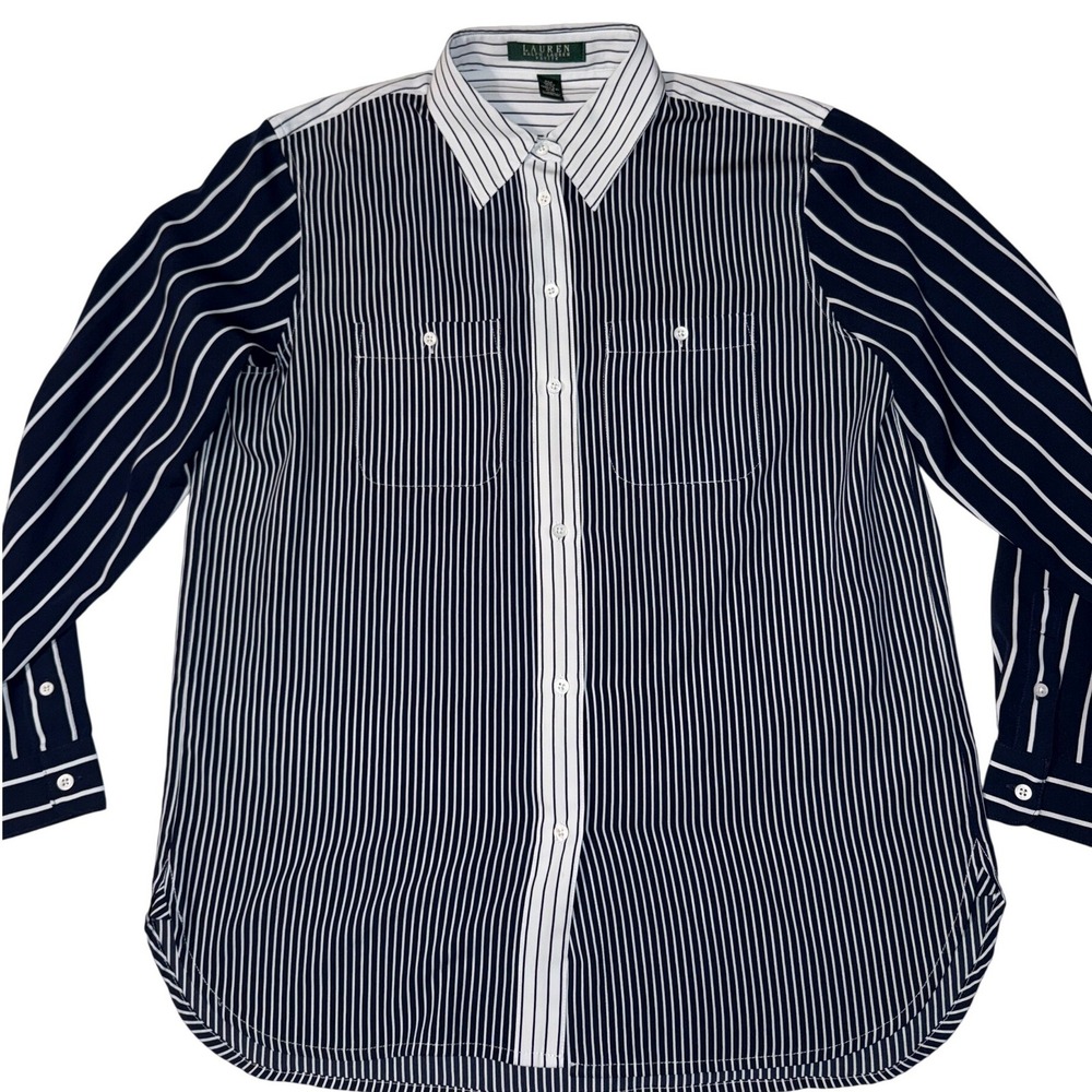 Lauren Ralph Lauren Petite Navy White Striped Button Down Shirt PM Long Sleeve